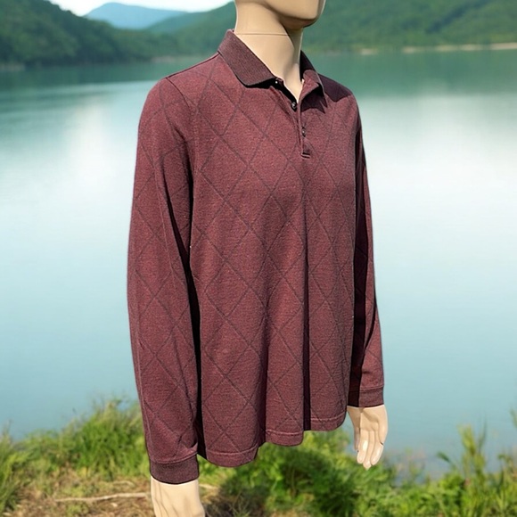 Van Heusen Burgundy Diamond Print Long Sleeve Polo - Picture 5 of 16